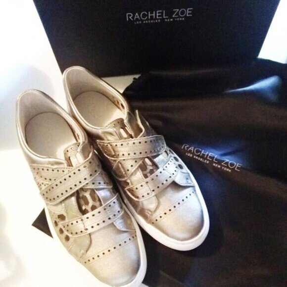 NIB Rachel Zoe "Jaden" Leather Sneakers S8 Sand Metallic Silver Gold MRP $248 - Picture 1 of 12